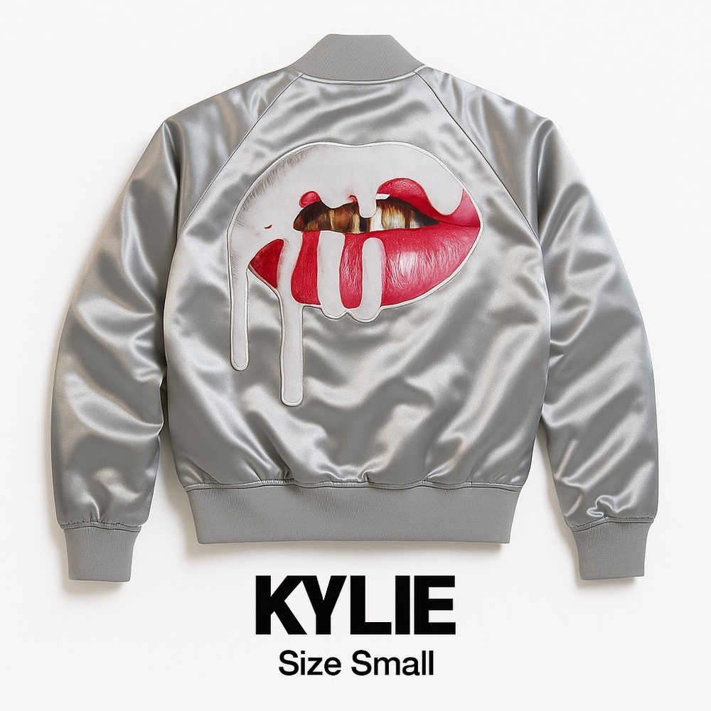 KYLIE Cosmetics Silver Satin Bomber Jacket - Dripping Lips Logo - Size Small